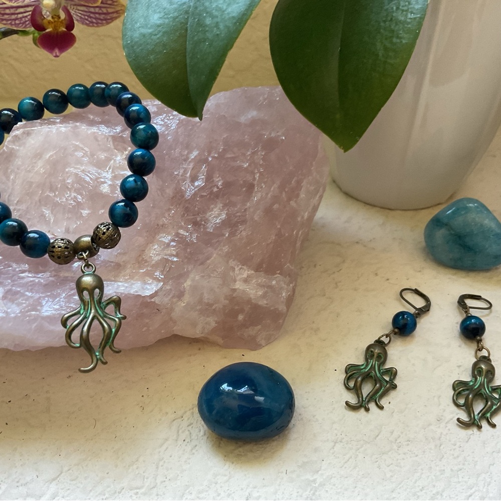 Aqua Marine Tiger’s Eye & Brass Octopus Jewelry Set